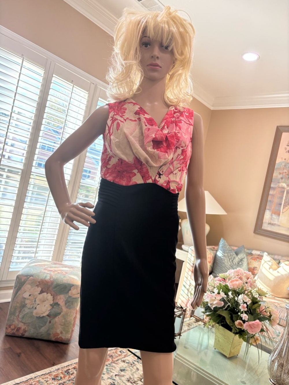 Ted Baker London Pink Floral Top with Black Bottom Dress.